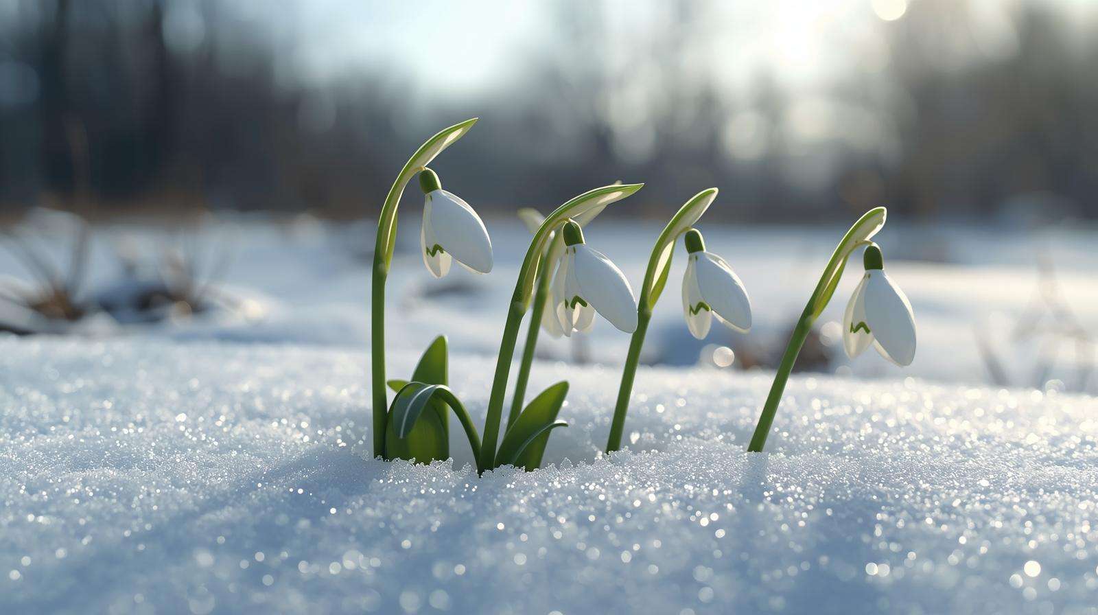 Snowdrops blooming through snow as early cold-tolerant spring bulbs in winter garden.