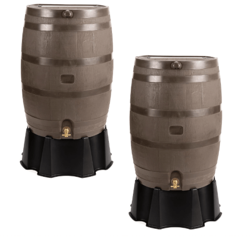 RTS Home Accents 50-Gallon Rain Barrel, Flat Back Rain Water Collection Barrel, Stand and Link Kit Included, Walnut Color