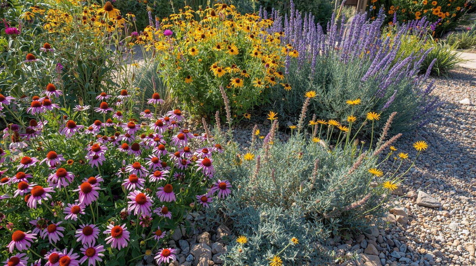 Vibrant drought- and heat-tolerant perennials including Echinacea, Rudbeckia, and Russian sage thriving in a low-water garden.