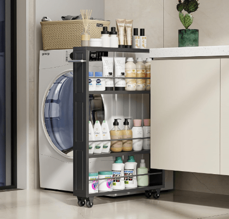 KLM Rolling Storage Cart 4-Tier Black Kitchen Cart with Wheels, Slim Storage Cart with Handle Slide Out Utility Cart Shelving Unit Organizer Trolley for Laundry Narrow Places Bathroom Small Corner