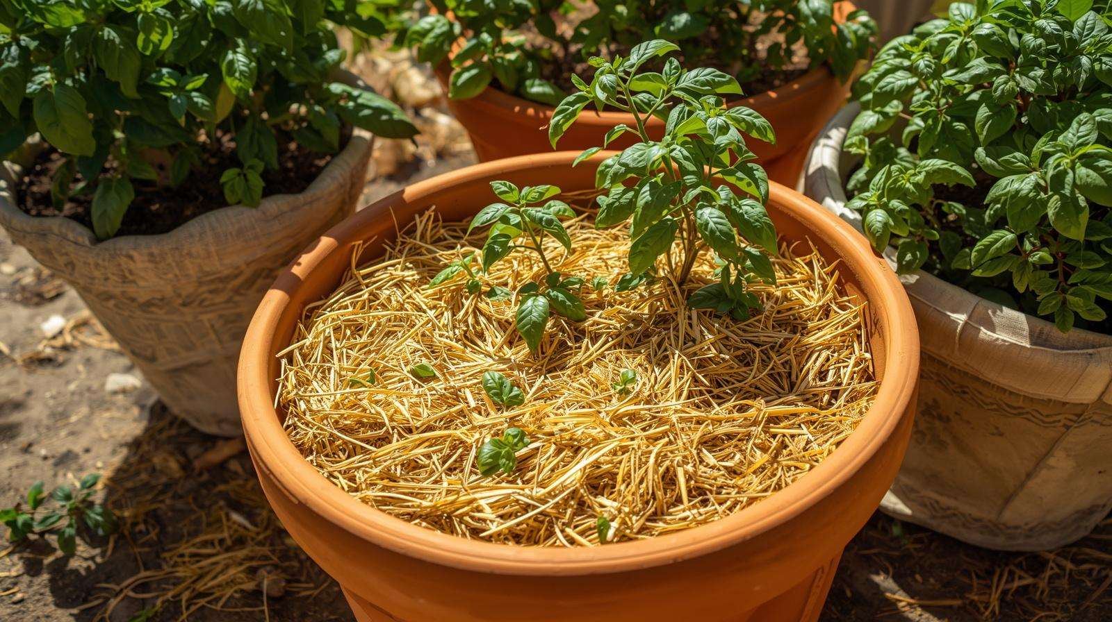 Thick straw mulch applied to container garden soil to retain moisture during hot weather