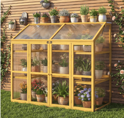 Wooden Cold Frame Greenhouse, Garden Solid Wood Greenhouse Cabinet with Transparent Flip-Top Roof, Raised Flower Plants Shelf Protection for Outdoor Indoor, Natural