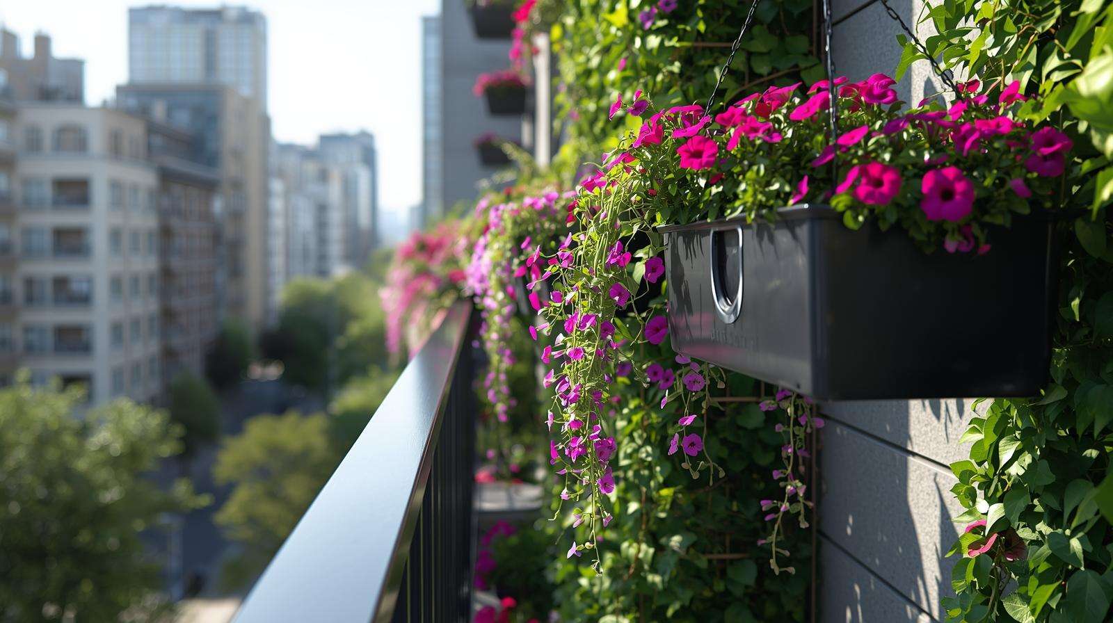 Vibrant trailing flowers and plants cascading over balcony railing in vertical gardening setup