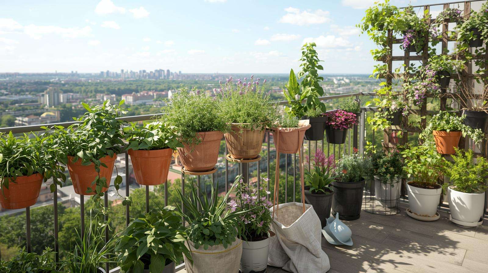 Vibrant vertical balcony garden with colorful containers hanging baskets and rail planters for herbs and climbers in small urban space