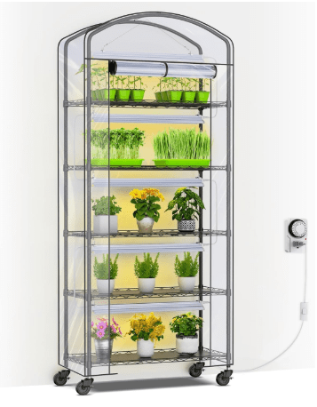 Abimars 5-Tier Greenhouse with Grow Light, Shelf Height Adjustable Metal Plant Shelf with PVC Cover and Wheels, Includes 5-Pack 2900K Full Spectrum Plant Lights, 13x29x73inch