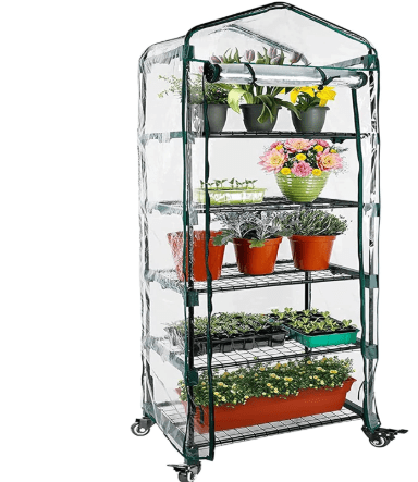 Worth Garden Upgraded 5-Tier Mini Greenhouse with Castors Wheels - Portable Small Gardening Green House with PVC Cover - Heavy Duty Swivel Castors with Brakes - 76''H
