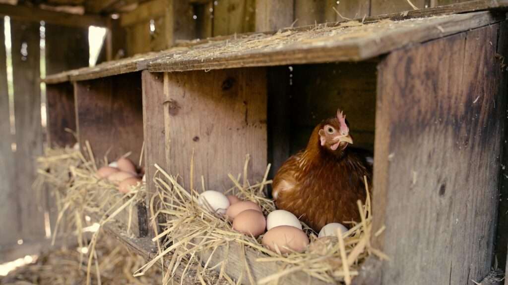 Natural nesting box with fresh eggs and hen in backyard coop setup for first natural laying