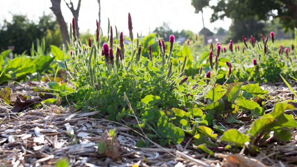 Cover crops like clover and rye improving soil health in remote homestead rotation system