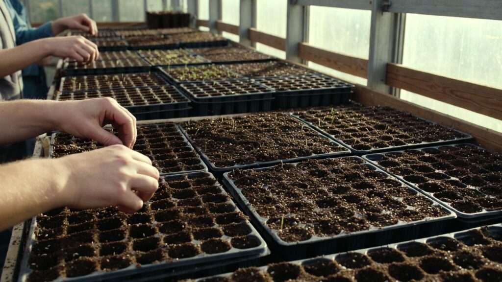 Close-up view inside a greenhouse of hands carefully sowing seeds into soil blocks and cell trays filled with dark seed starting mix, multiple trays in focus showing dense planting for hundreds of seedlings, natural wood elements and organic compost visible, soft natural light, detailed textures of soil and seeds, realistic and educational style, no text, no people faces, 16:9 aspect ratio --ar 16:9 --stylize 250