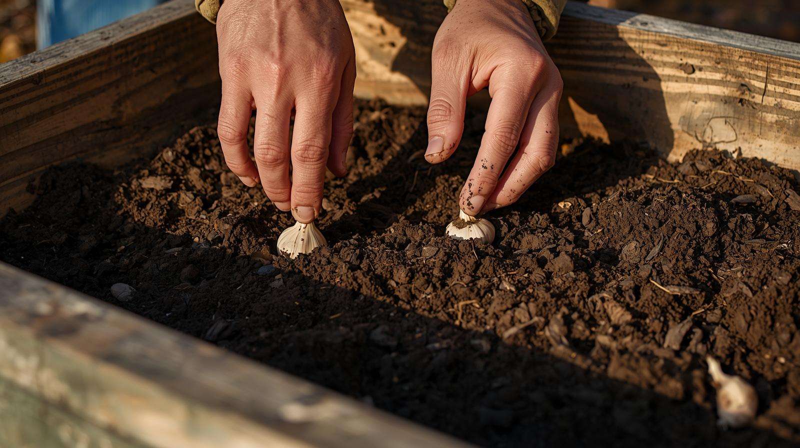 Step-by-step planting garlic cloves pointy end up in raised bed soil