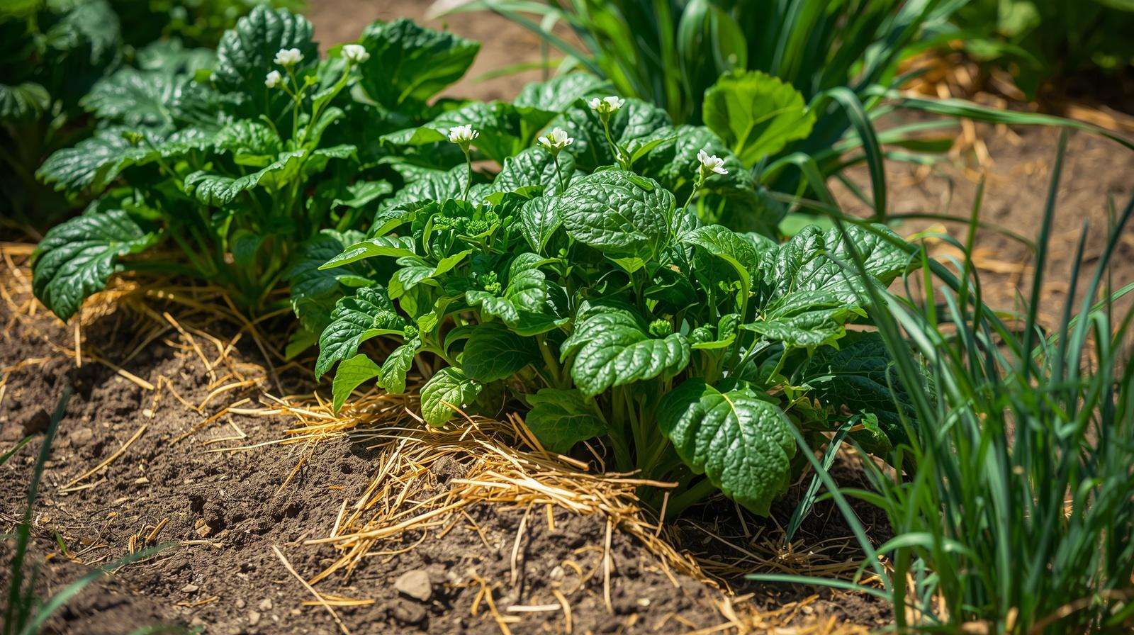 Hilling potato plants with soil and mulch in home vegetable garden