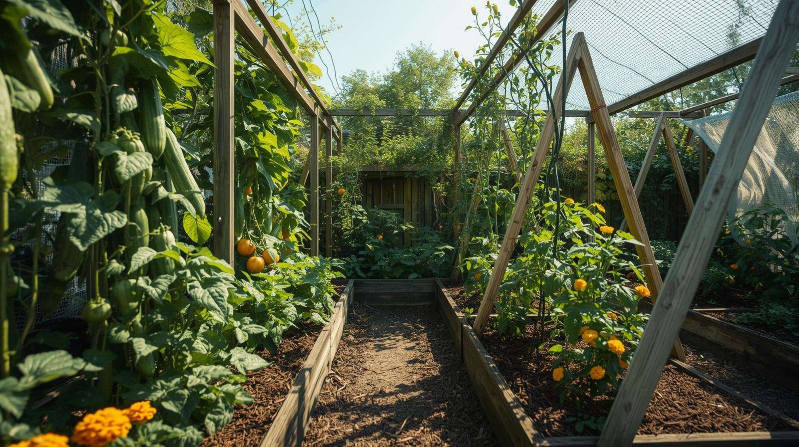 Vertical gardening trellis with tomatoes cucumbers and beans in raised beds for small space self-sufficient family