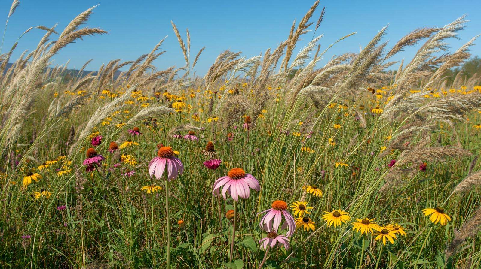 Beautiful blooming drought-resistant meadow with native wildflowers and grasses in summer landscape