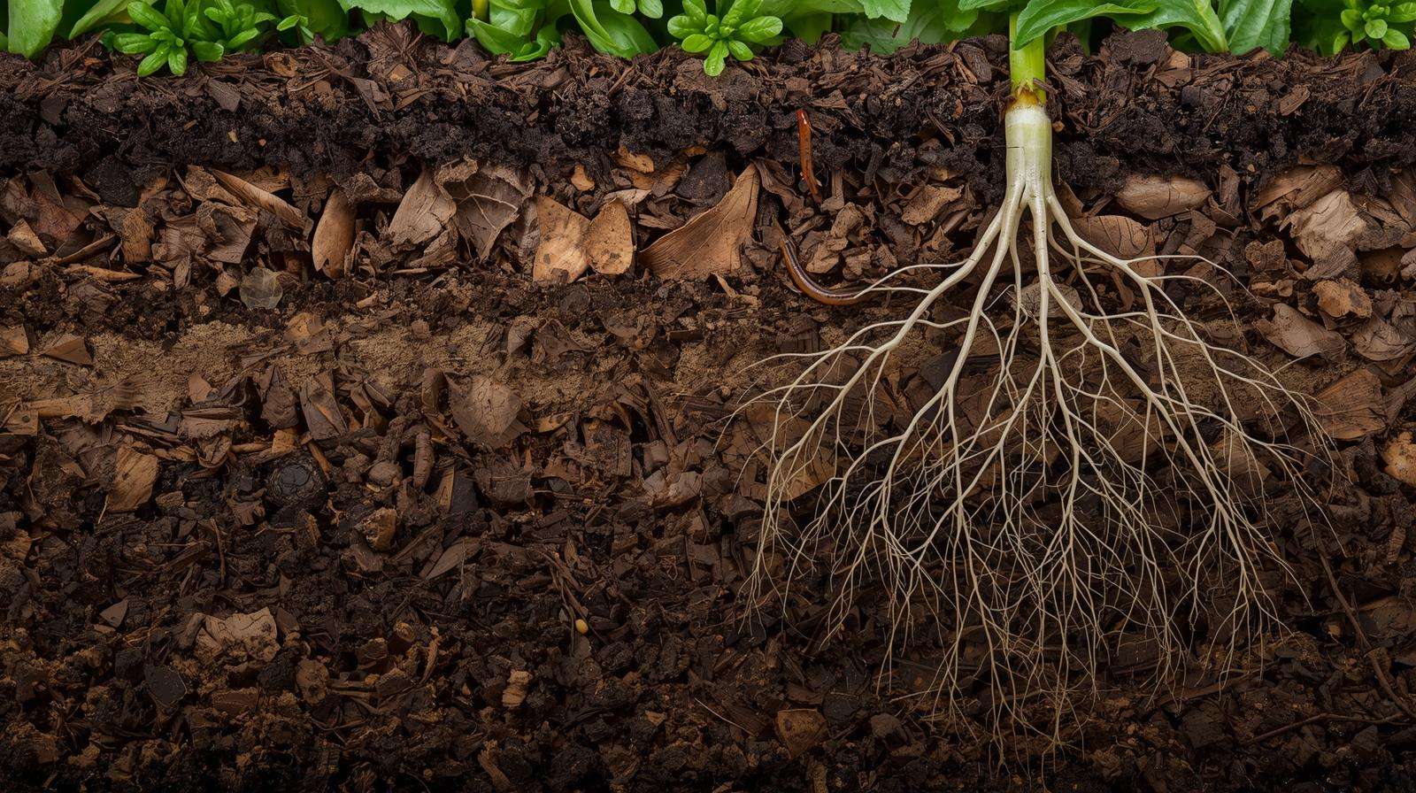 Close-up of living healthy soil with earthworms, mycorrhizae, and organic mulch in an ecological garden foundation