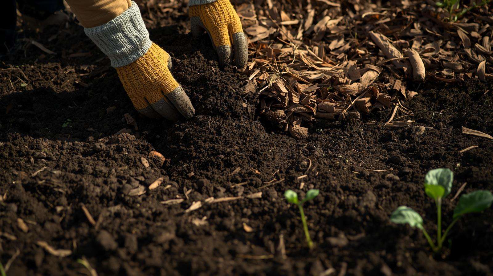 Hands amending garden soil with compost and organic matter for healthy vegetable growth in beginner garden
