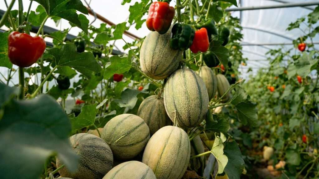 Close-up realistic photo inside a greenhouse showing ripe cantaloupe melons with netted rind and vibrant red and green bell peppers hanging on healthy vines, lush green leaves, natural sunlight filtering through plastic cover, detailed textures on fruits, no people or text, fresh and appetizing, 16:9 aspect ratio --ar 16:9 --q 2