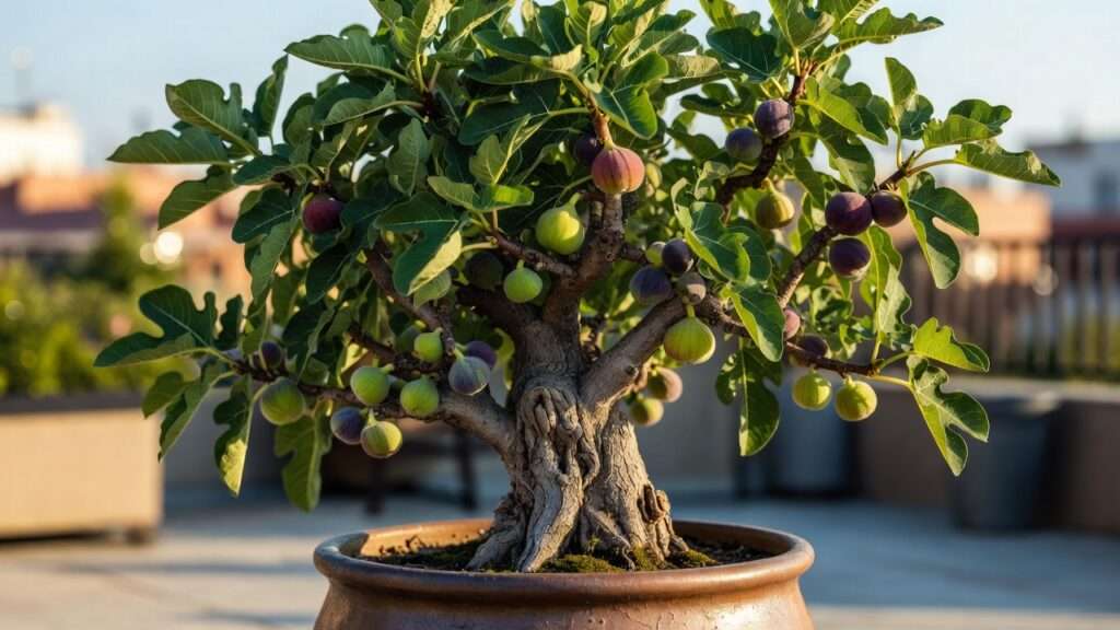 Productive dwarf fig tree bearing ripe purple figs in a large pot on a sunny patio