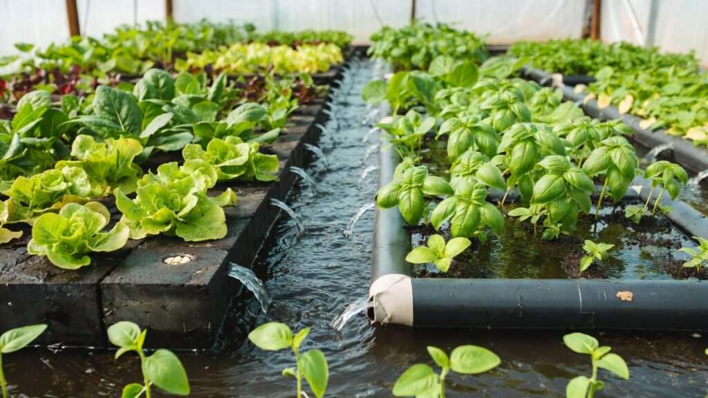 Aquaponics crop rotation demonstration with diverse plants in media beds and rafts for nutrient balance