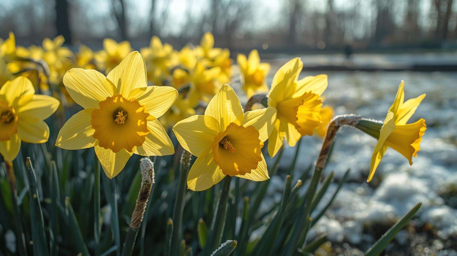 Hardy daffodils pushing through snow for stunning early spring color in freezing climates.