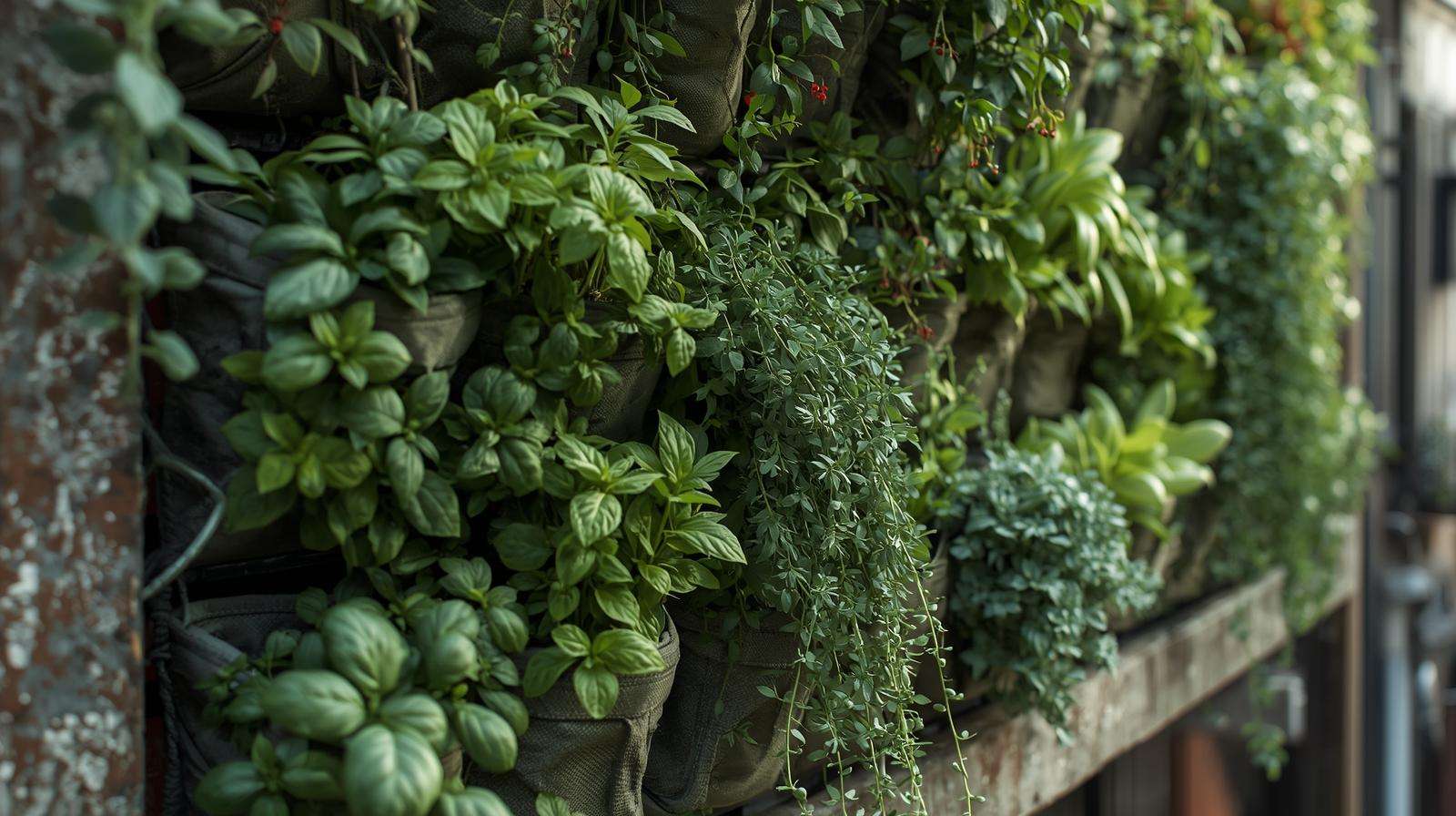 Wall-mounted pocket planters with fresh herbs and succulents in vertical garden on balcony wall