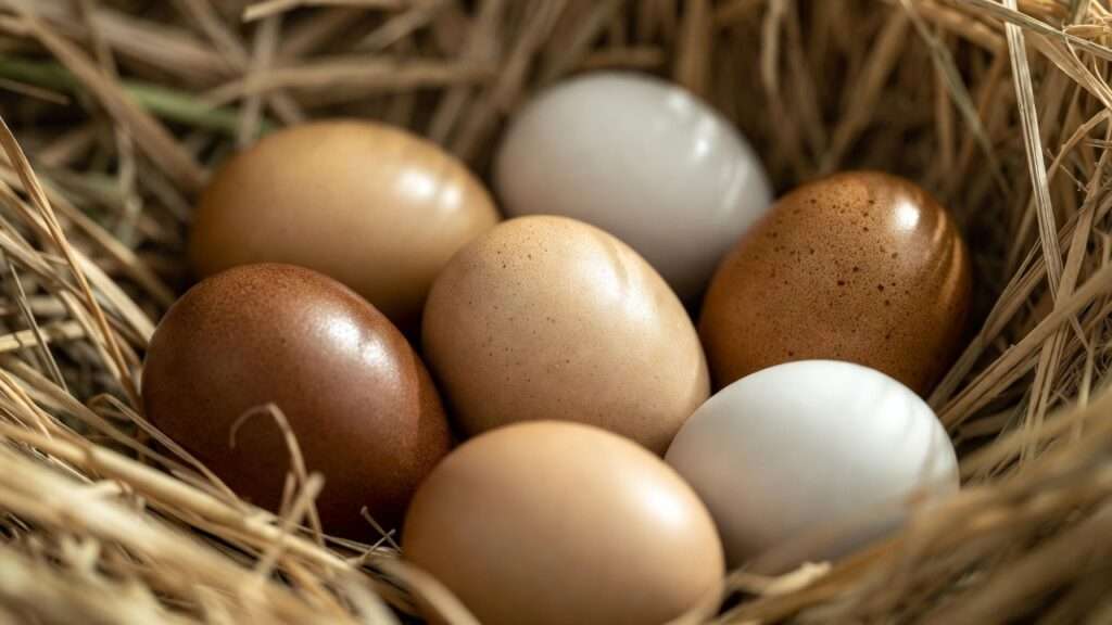 Bantam-sized fake ceramic eggs in nest for broody hen management