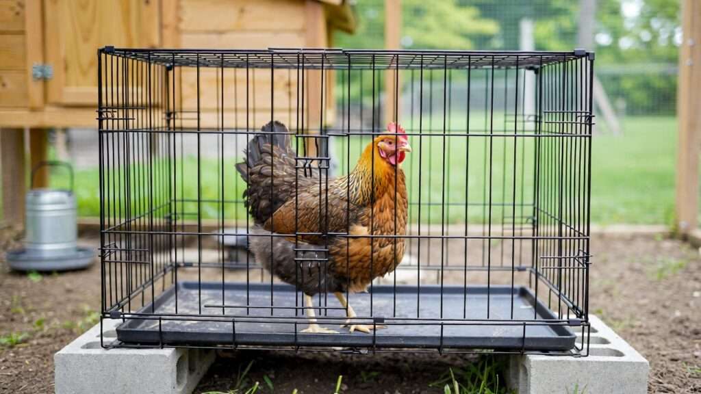 Elevated wire crate setup for breaking a stubborn broody hen with airflow and humane isolation