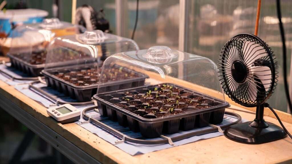 Greenhouse bench with seed trays covered by clear humidity domes, electric heat mats visible underneath trays warming the soil, young seedlings just emerging in some cells, thermometer and small fan nearby, focused on germination phase, warm lighting, permaculture sustainable tools, realistic product-style photography, no text or branding, clean composition, 16:9 aspect ratio --ar 16:9 --q 2