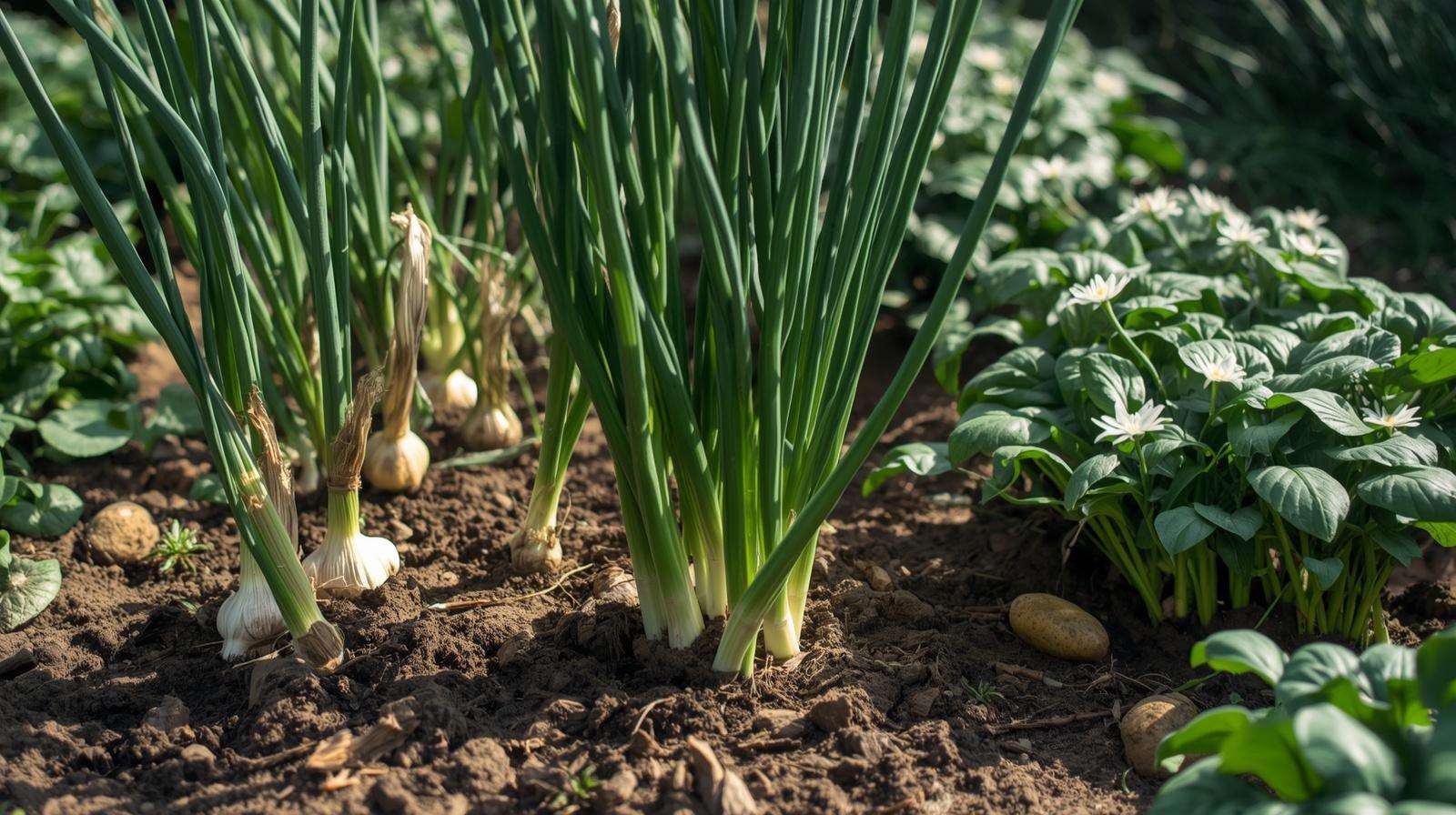 Garlic, onions, and potatoes growing together as companion plants in garden bed