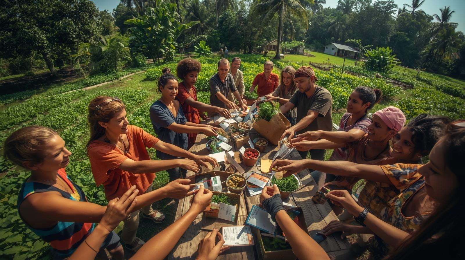 Gardeners exchanging heirloom seed packets at a community swap event to save money on seeds through sharing and local networks.
