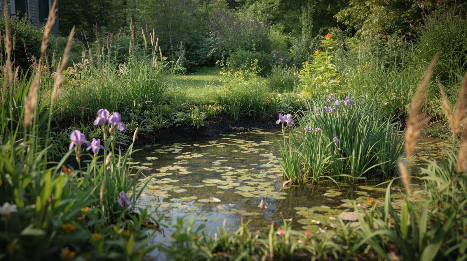 Natural rain garden with native wetland plants and pooling water in an eco-friendly backyard design
