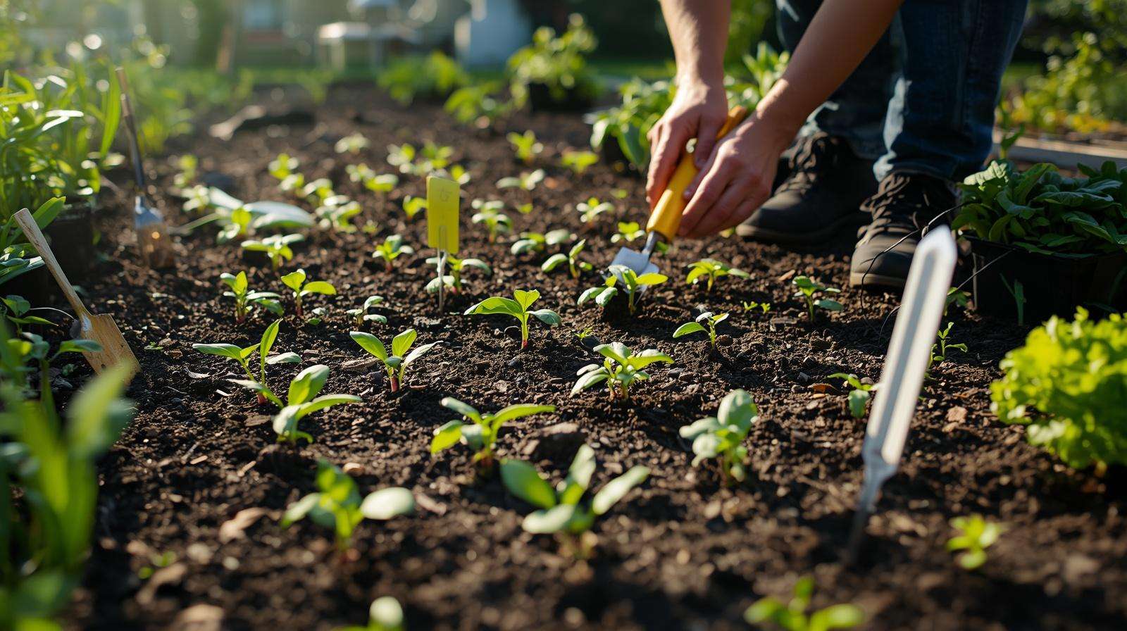 Beginner gardener planting cool-season vegetables like radishes lettuce and peas in spring garden bed