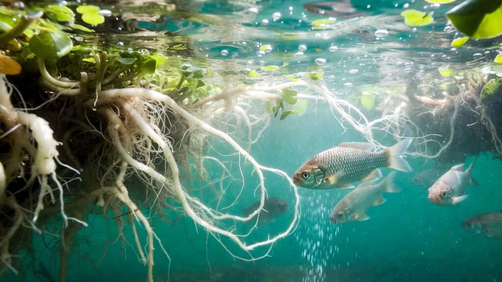 Decoupled aquaponics system with separate fish tanks and fruiting crop channels for optimized rotation and higher yields