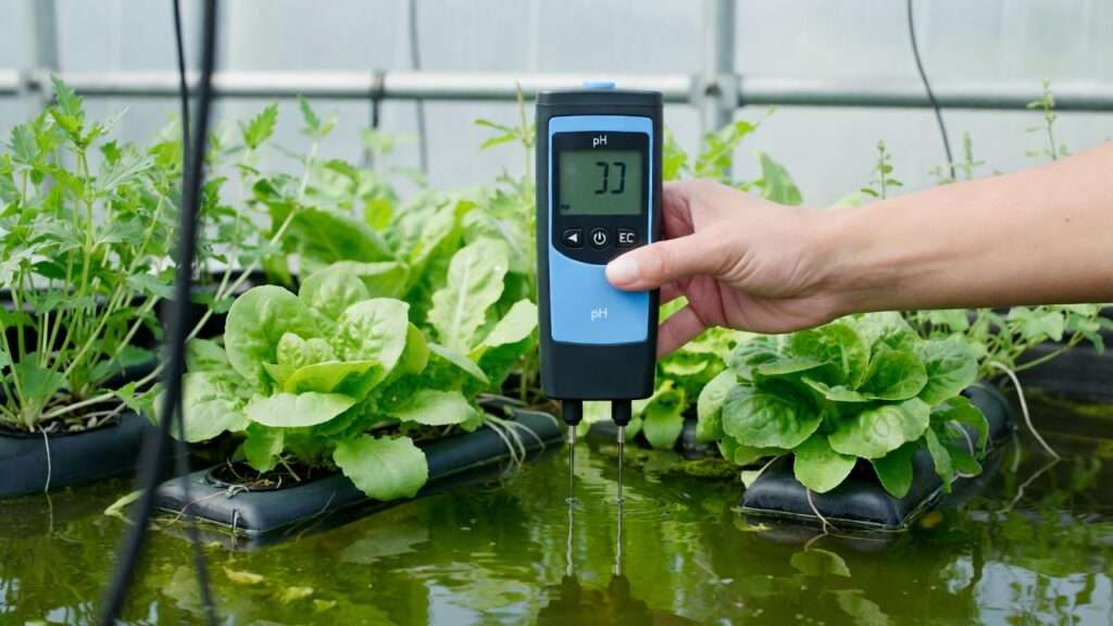 Monitoring water parameters with pH tester in aquaponics system during crop rotation implementation