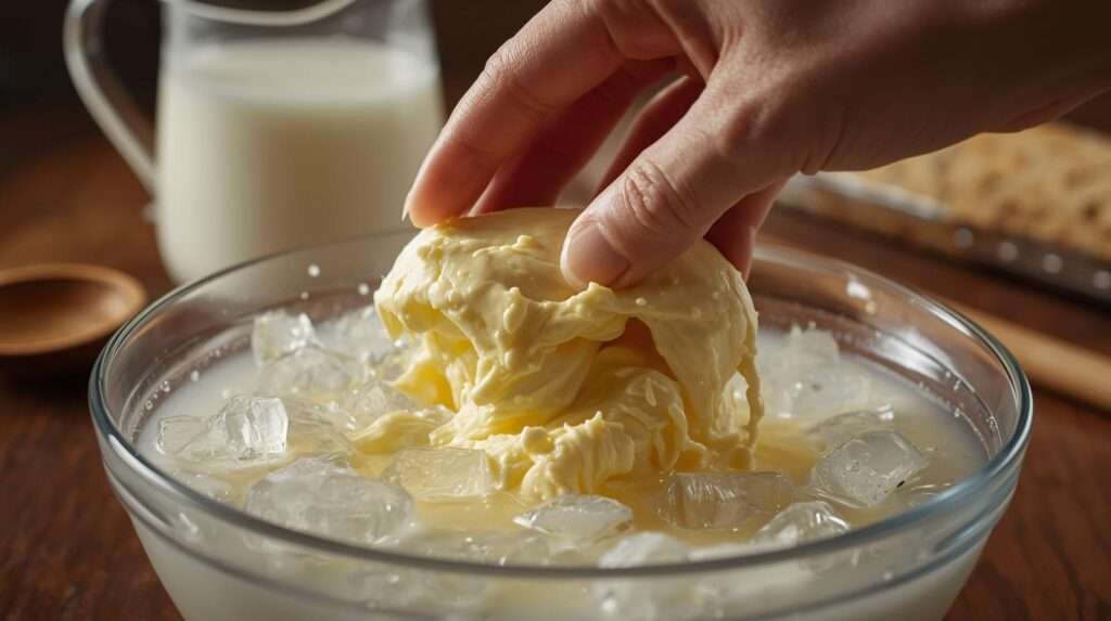 Hand-kneading fresh homemade butter from surplus homestead cream, traditional dairy process