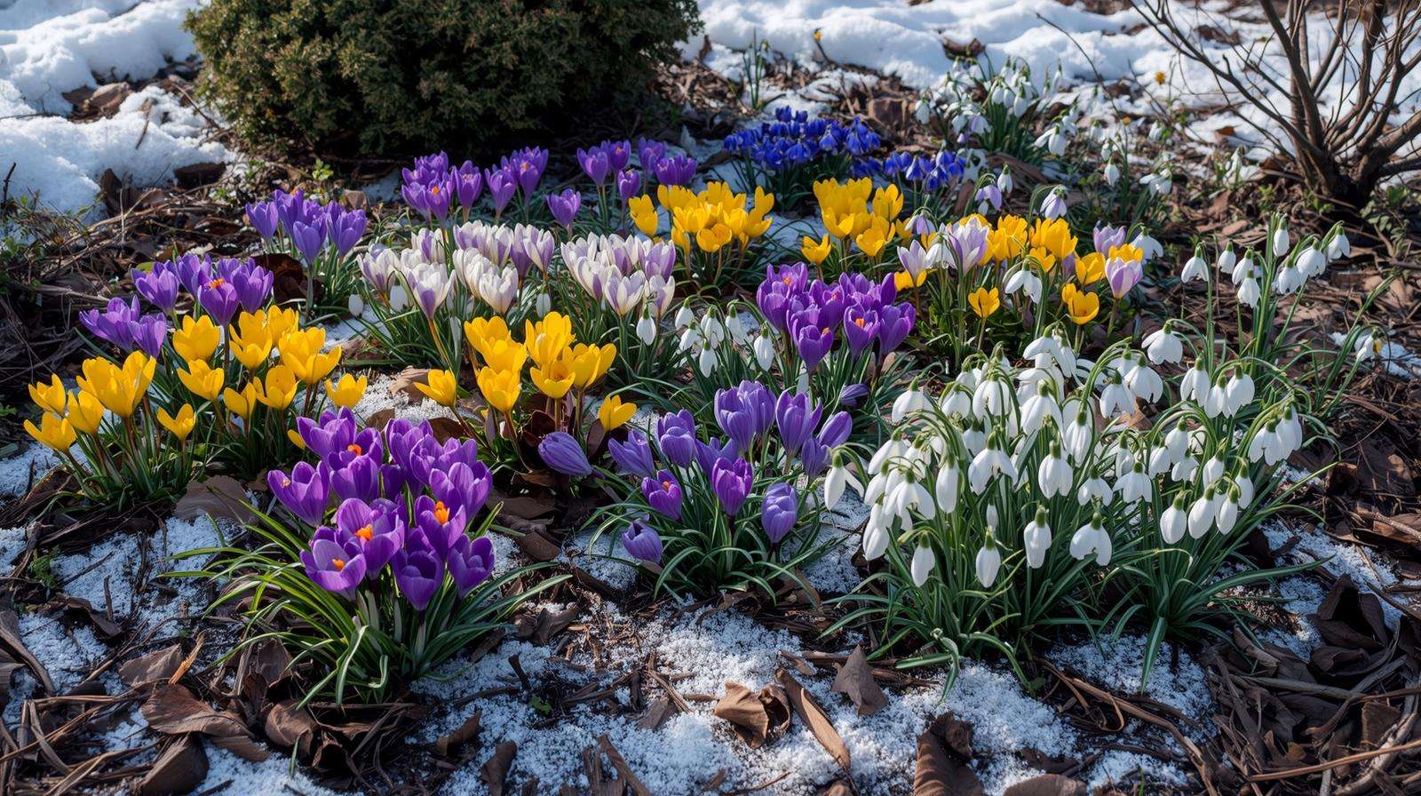 Mixed cold-tolerant bulbs and perennials like crocuses and winter aconite blooming vibrantly in snowy garden.