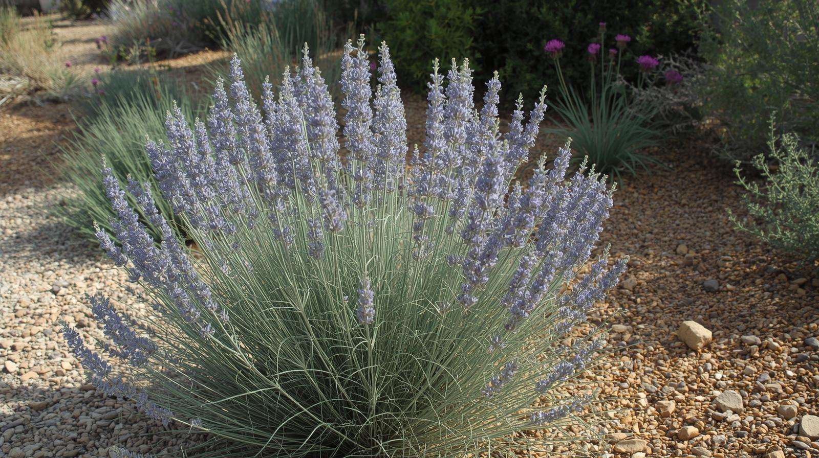 Russian sage Perovskia atriplicifolia with silvery foliage and blue blooms in a drought-tolerant garden.