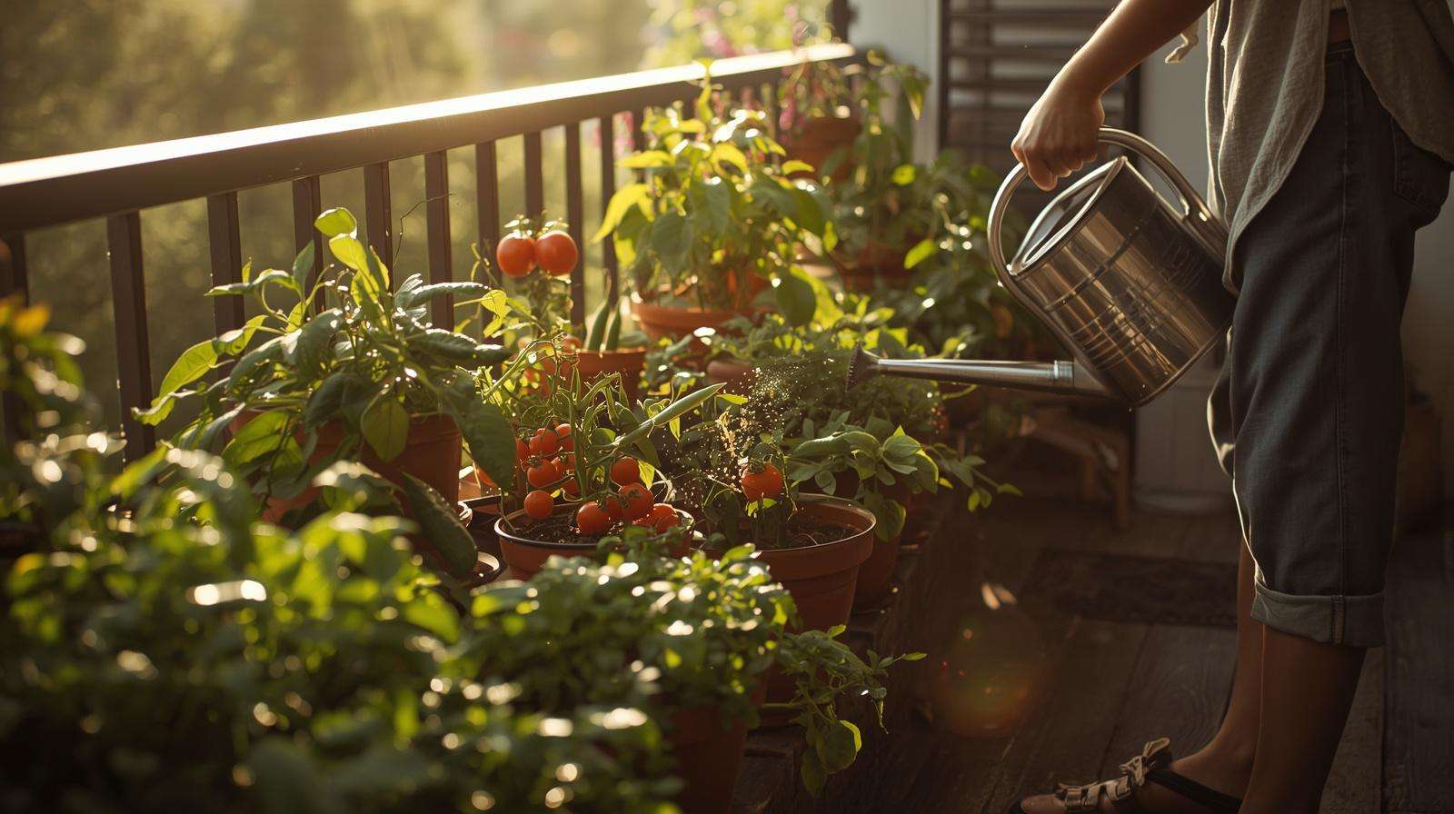 Early morning watering of container vegetables and herbs to minimize evaporation in summer heat