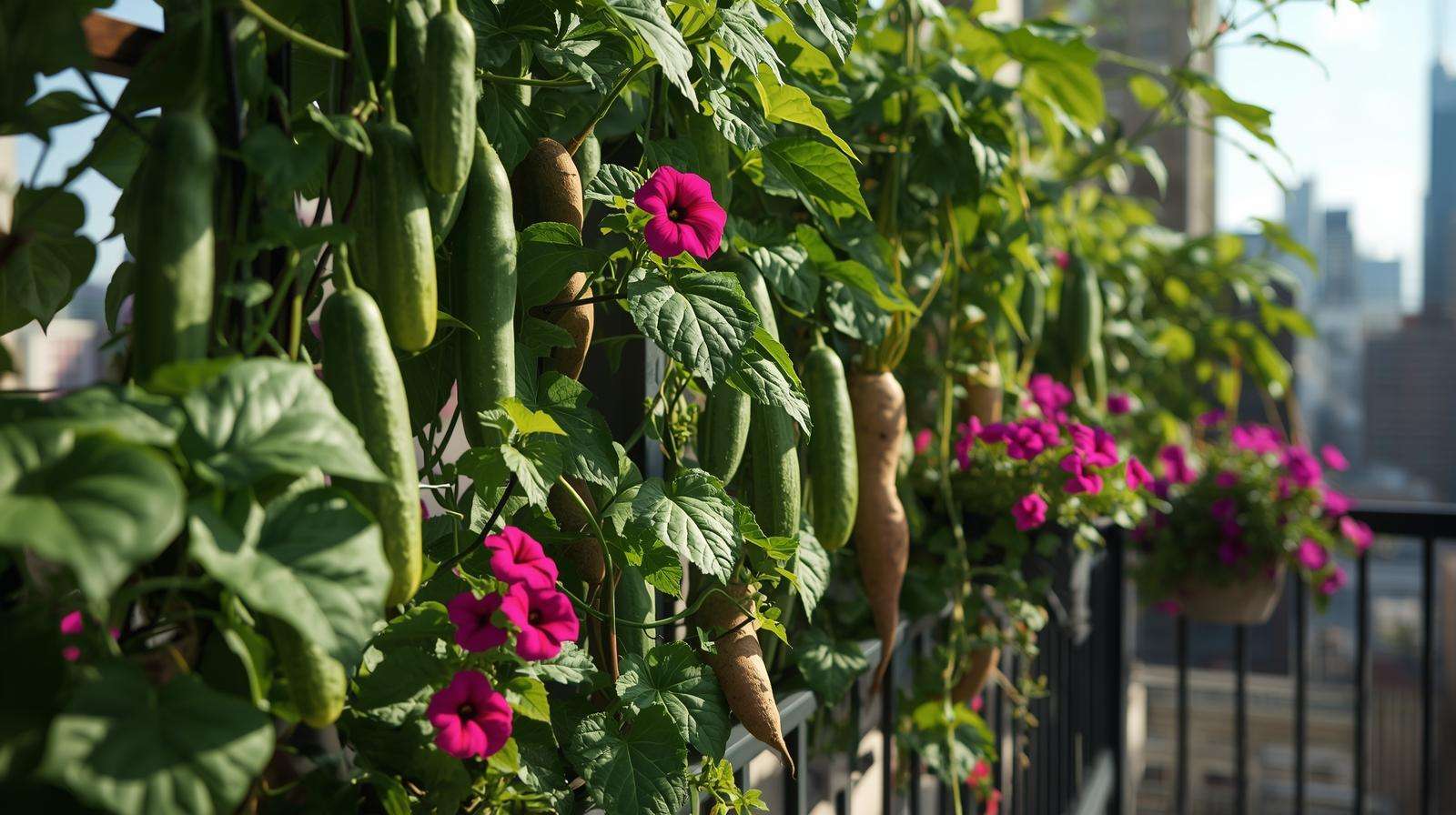 Climbing vegetables and trailing flowers in vertical gardening setup on balcony railing and trellis