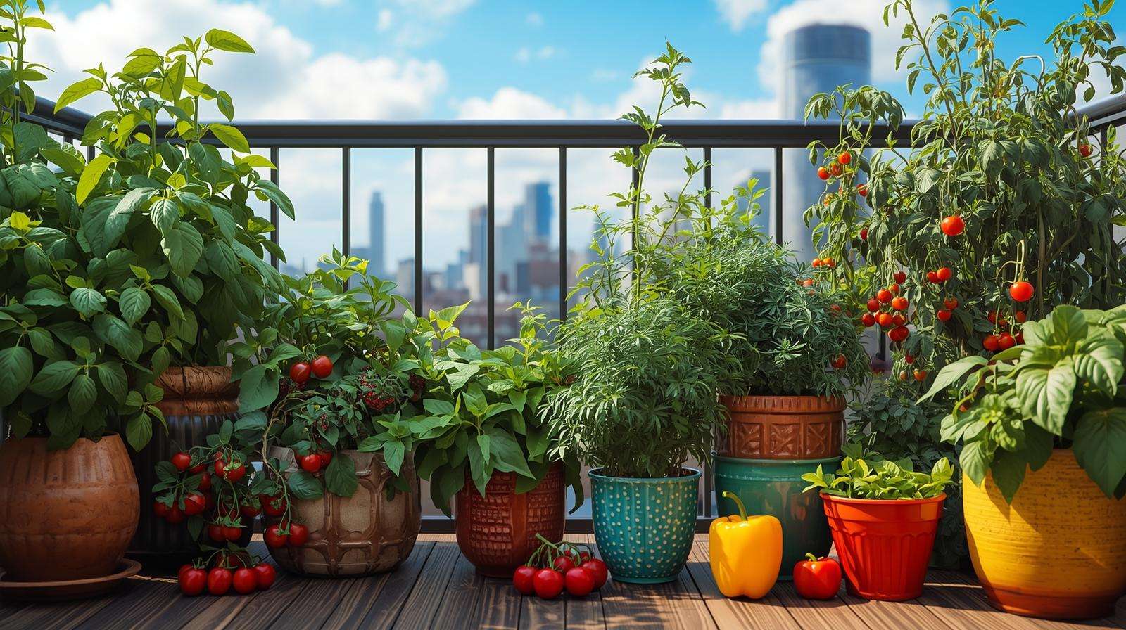 Colorful balcony pots growing fresh herbs basil mint parsley cherry tomatoes peppers for beginners