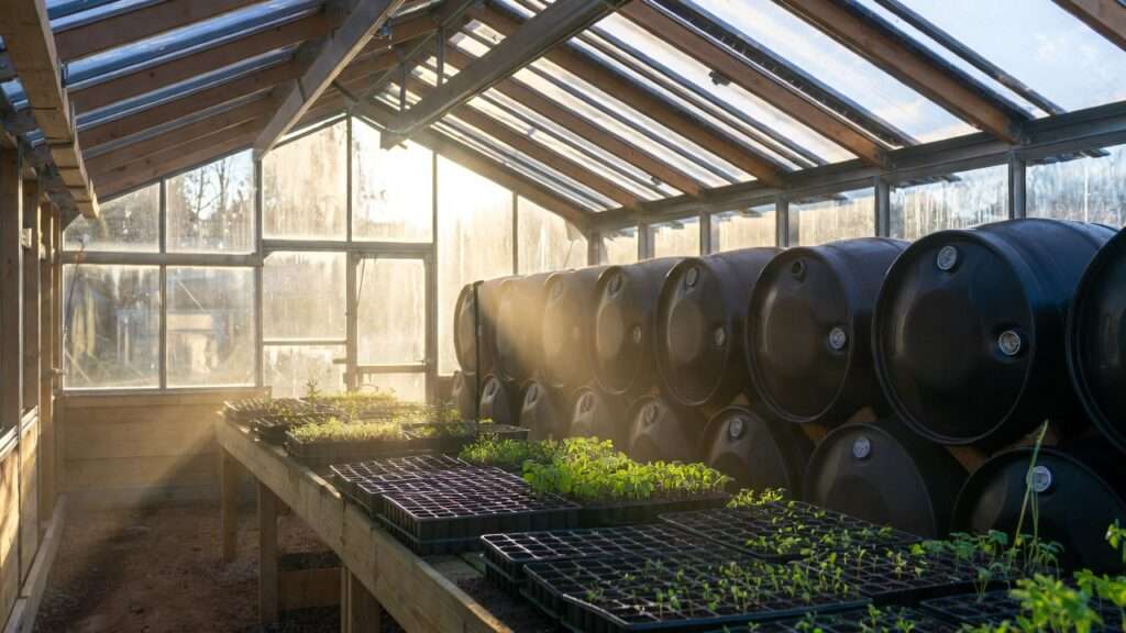 Interior of a permaculture greenhouse showing rows of black-painted water barrels stacked as thermal mass along the north wall, absorbing sunlight, with seed trays on benches in foreground, natural passive solar heating setup, plants and sunlight beams creating warm atmosphere, realistic and eco-friendly design, no text, detailed textures, 16:9 aspect ratio --ar 16:9 --stylize 300