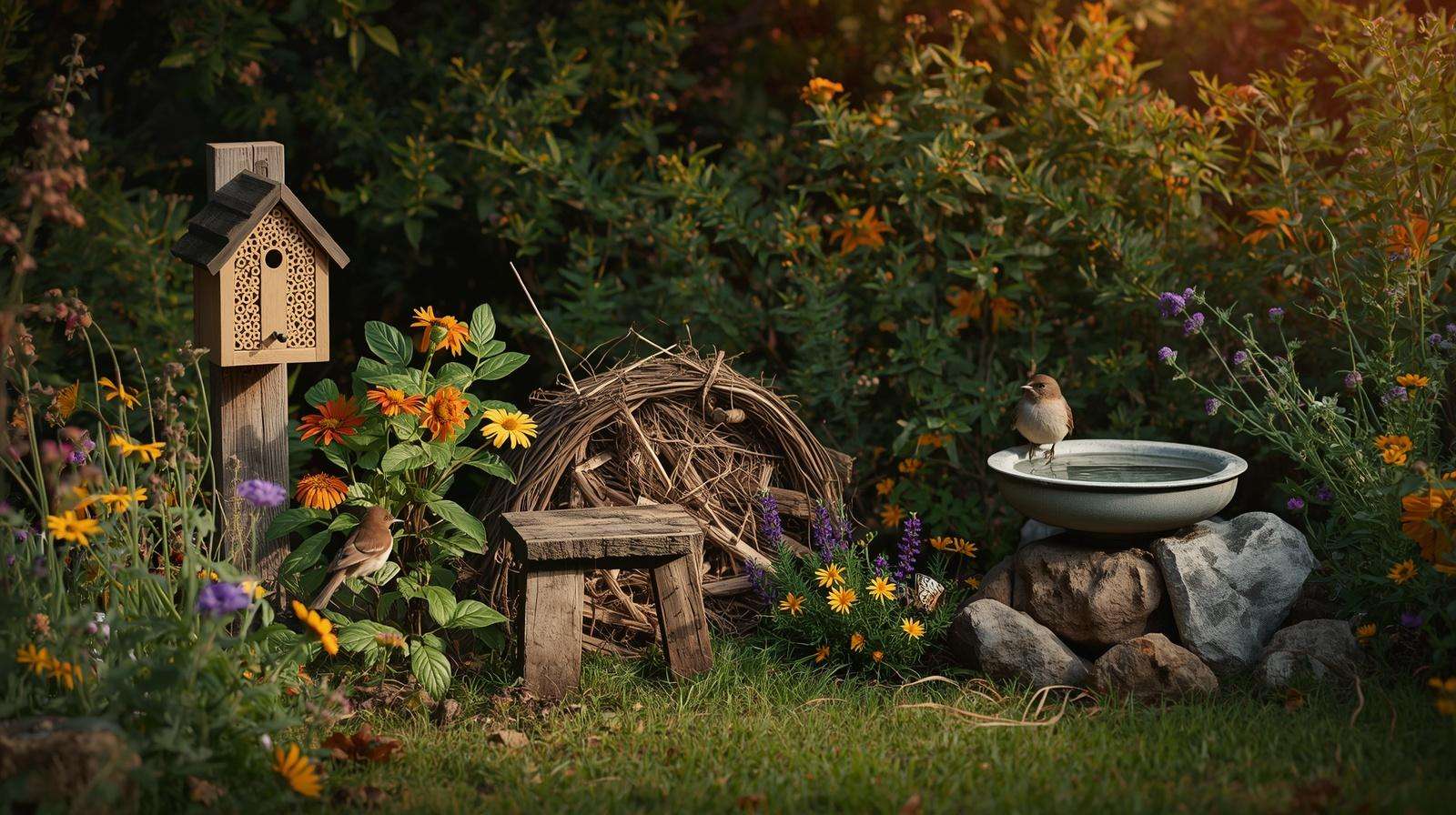 Wildlife habitat features including bee hotel, bird bath, and brush pile in a pollinator-friendly ecological garden