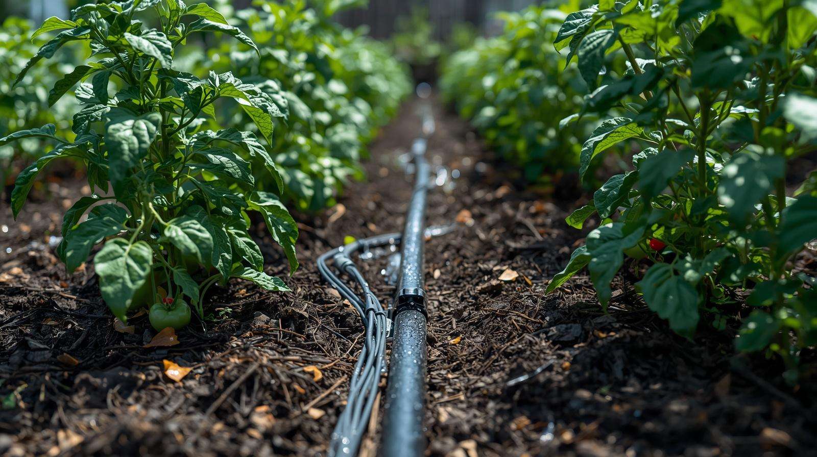 Drip irrigation system watering thriving vegetable garden beds with tomatoes and squash under mulch