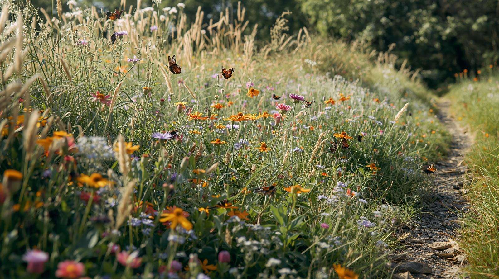 Pollinator-friendly drought-resistant meadow with butterflies and bees on native blooming flowers and grasses