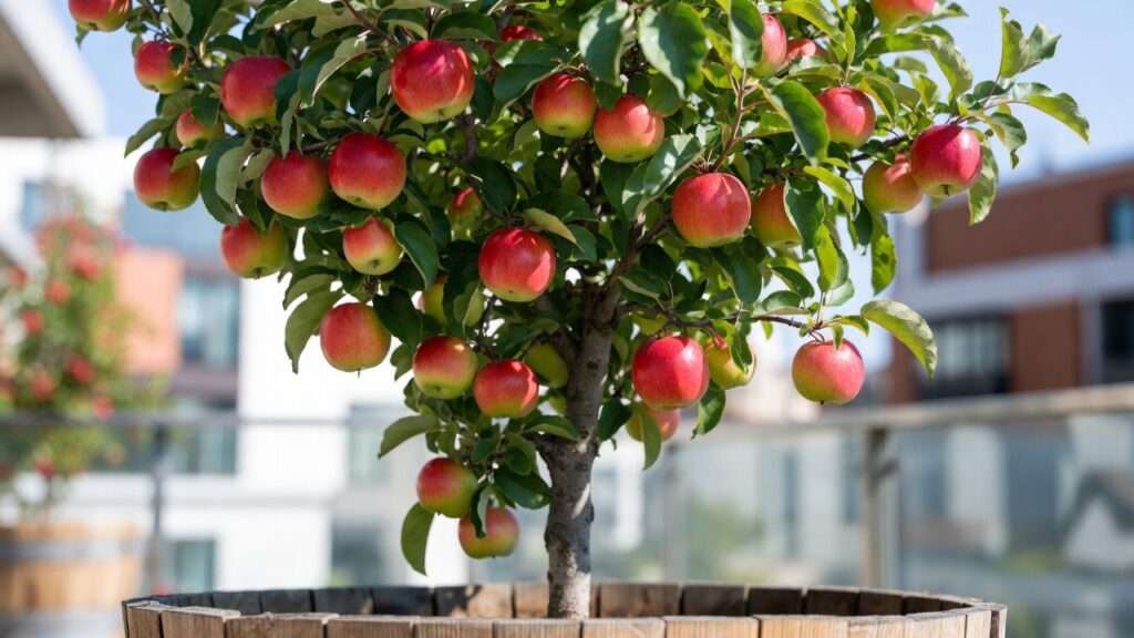 Columnar dwarf apple tree heavy with red and green apples in a wooden pot on a patio