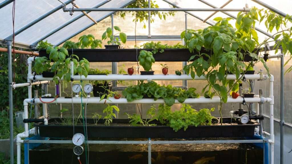 Practical aquaponics rotation implementation with mixed crops fish tank and monitoring in a greenhouse setup