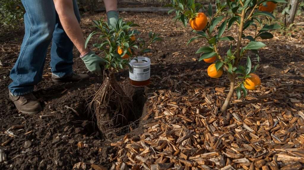 Organic planting of cold hardy native persimmon and pawpaw trees in Zone 5 orchard