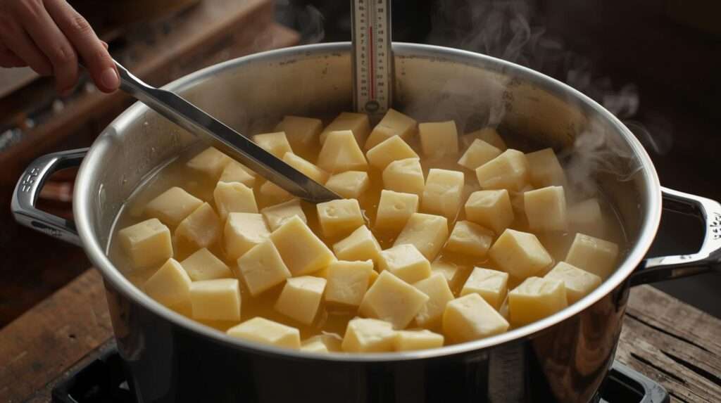 Cutting cheese curds in pot during homemade farmhouse cheddar cheesemaking on homestead