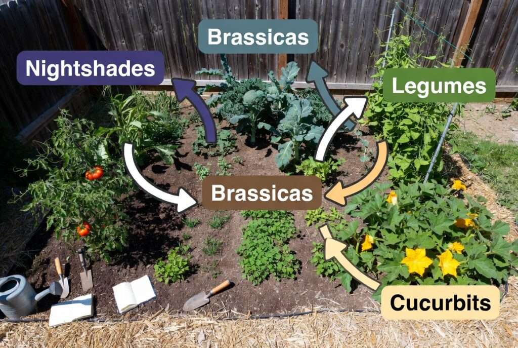 4-year crop rotation plan layout in home vegetable garden to prevent common plant diseases
