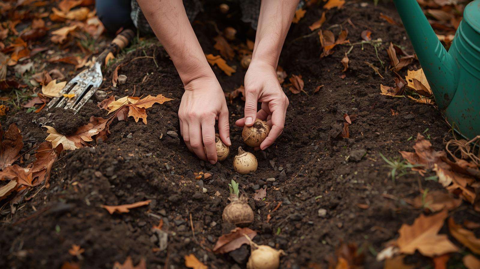 Step-by-step fall planting of cold-tolerant bulbs in well-drained soil for spring blooms.