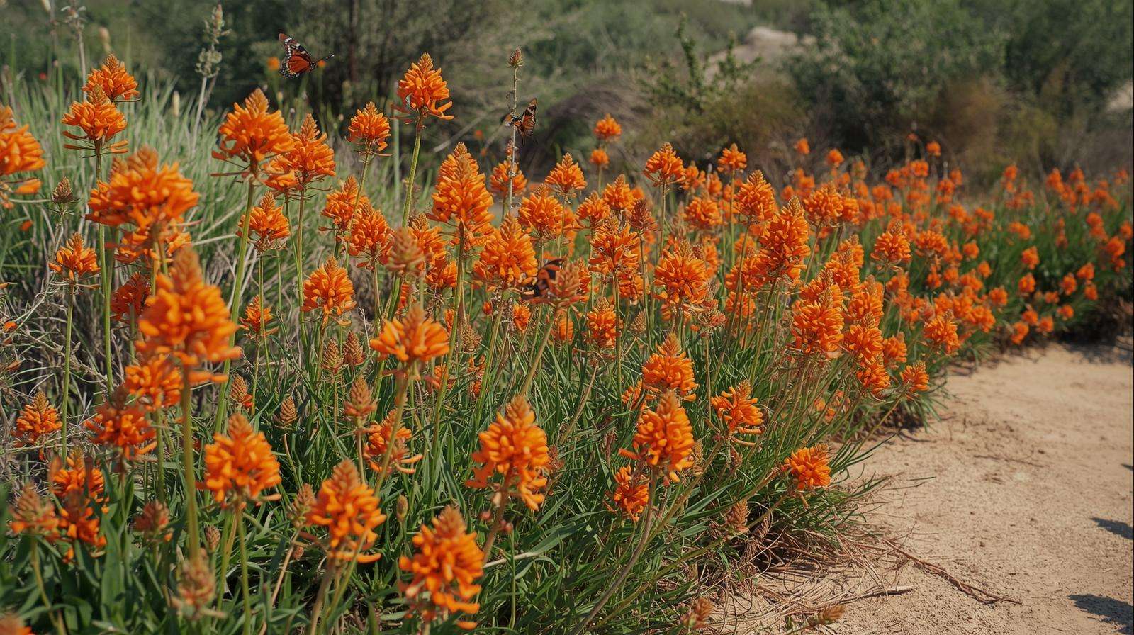 Butterfly milkweed Asclepias tuberosa orange flowers in a native drought- and heat-tolerant perennial bed.